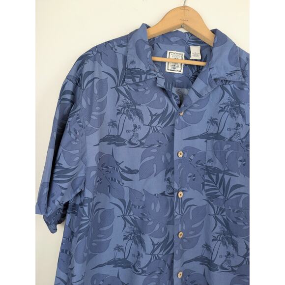Roundtree & Yorke Mens Hawaiian Shirt Sz Large Blue Cotton Hula Girl Tropical - Picture 2 of 9
